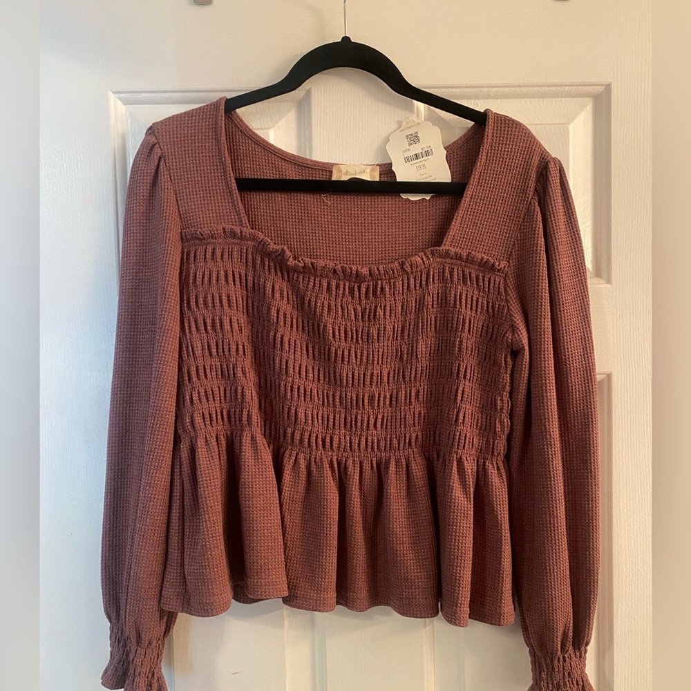 Altar'd State Deep Dusty Rose Colored Smocked Peplum Knit Blouse, NWT
